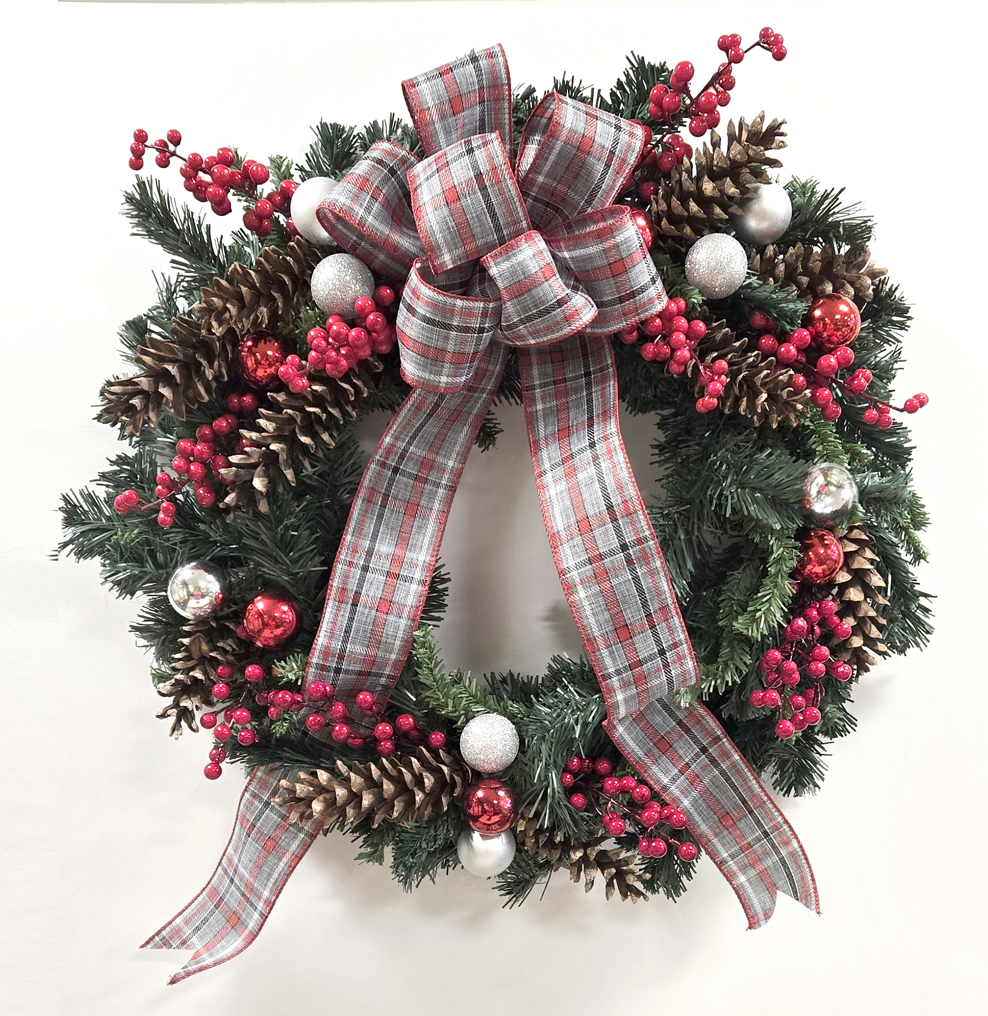 Contemporary Wreath with Pinecones, Berries and Ornamentation